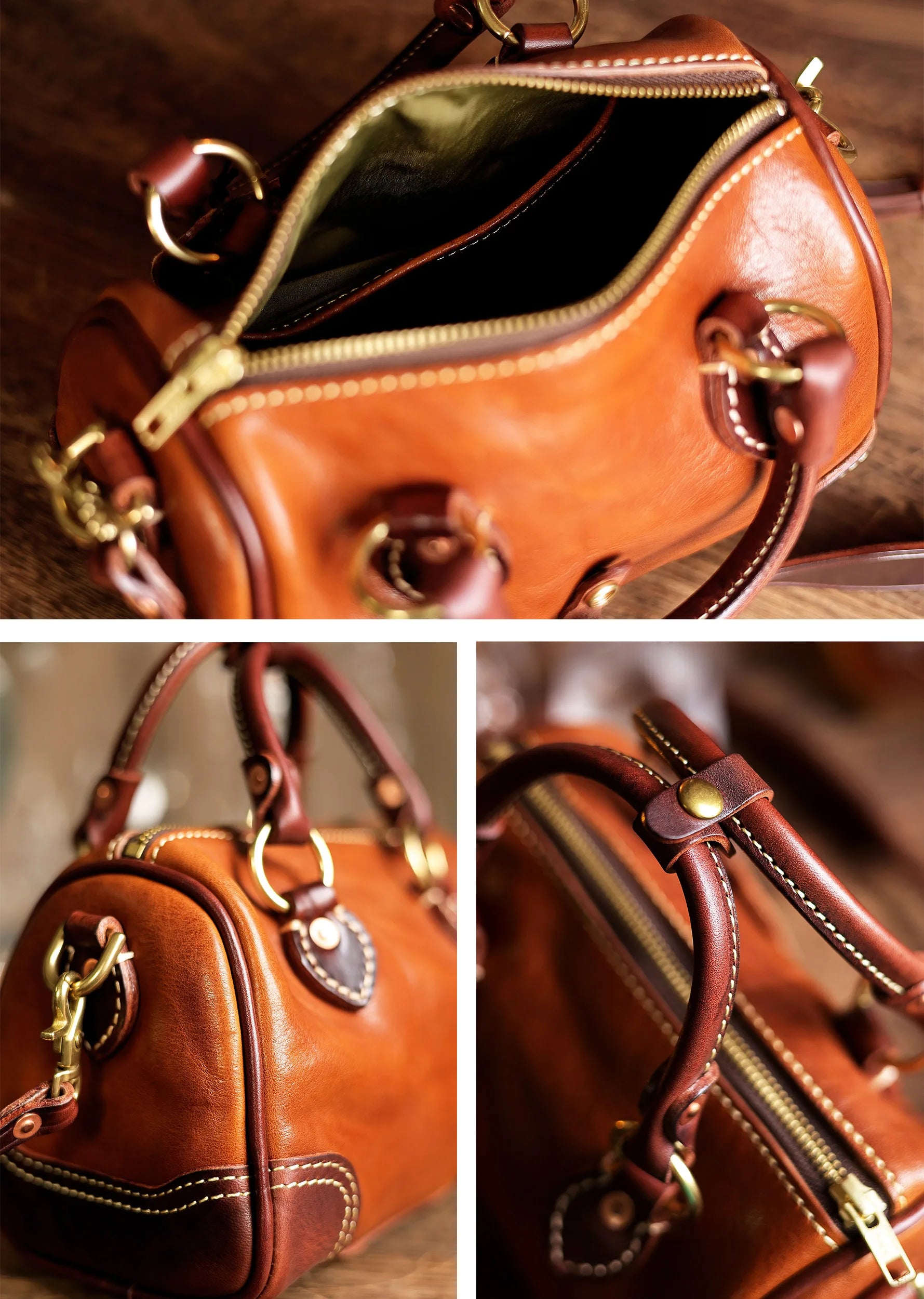 Vintage designer small handbag in genuine brown cowhide leather with brass hardware and reinforced stitched handles.