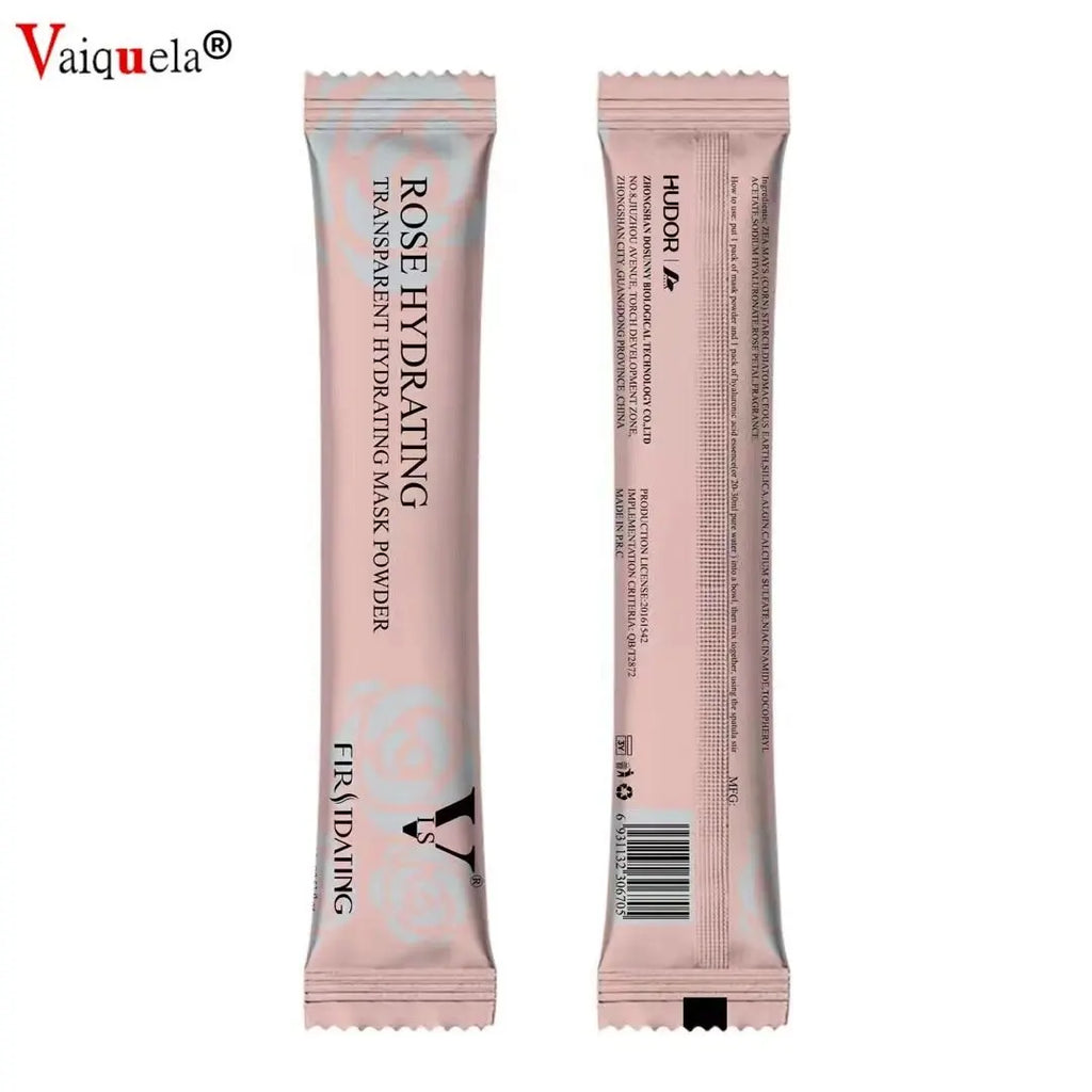 Two metallic pink slim sachets of Rose Hydrating mask powder, showing front and back branding and ingredients.