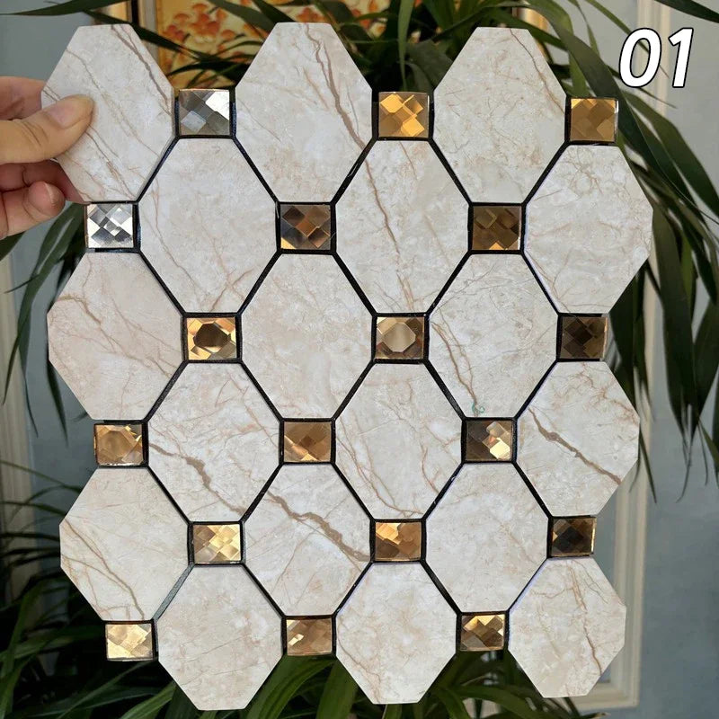 Hexagon peel-and-stick wall tile mosaic, white marble tiles with gold mirrored insets