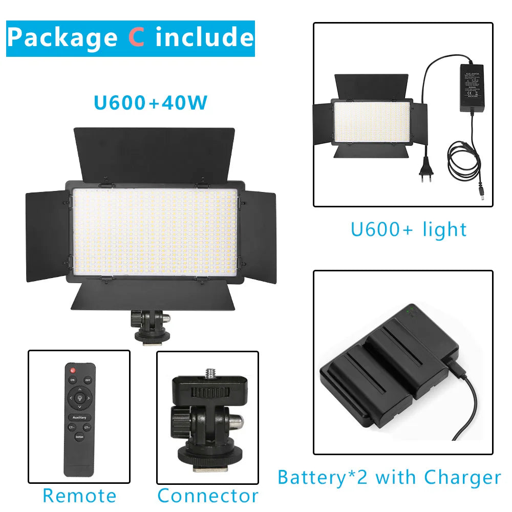 U600 40W LED video light kit with barn doors, remote, mounting bracket, dual batteries, and power charger.