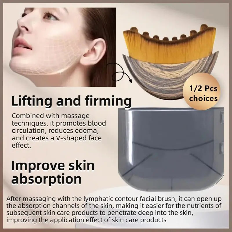 Ergonomic facial contour brush with yellow-tipped bristles and a wood-grain handle, shown with a clear protective cover.