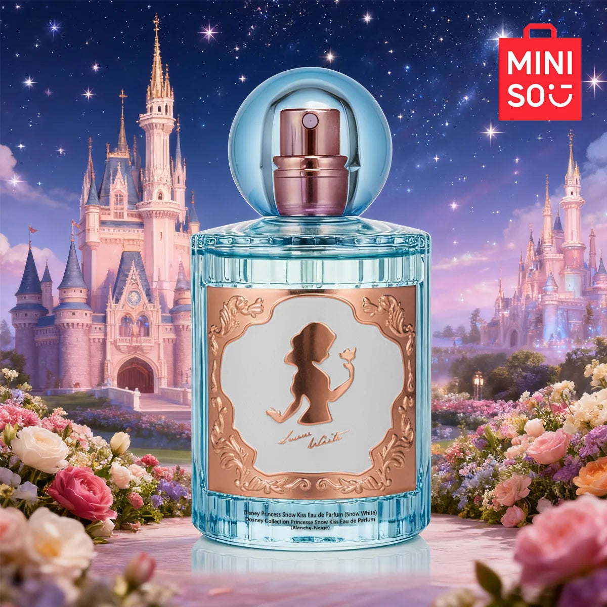 Miniso x Disney Snow White Floral Eau de Parfum: 50ml blue glass bottle with ornate gold label for women.