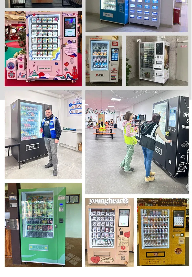 Assorted touchscreen vending machines with product shelves and lit selection displays