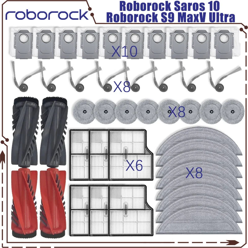 Tidesmit replacement parts set for Roborock Saros 10 and S9 MaxV Ultra including HEPA filters and roller brushes.