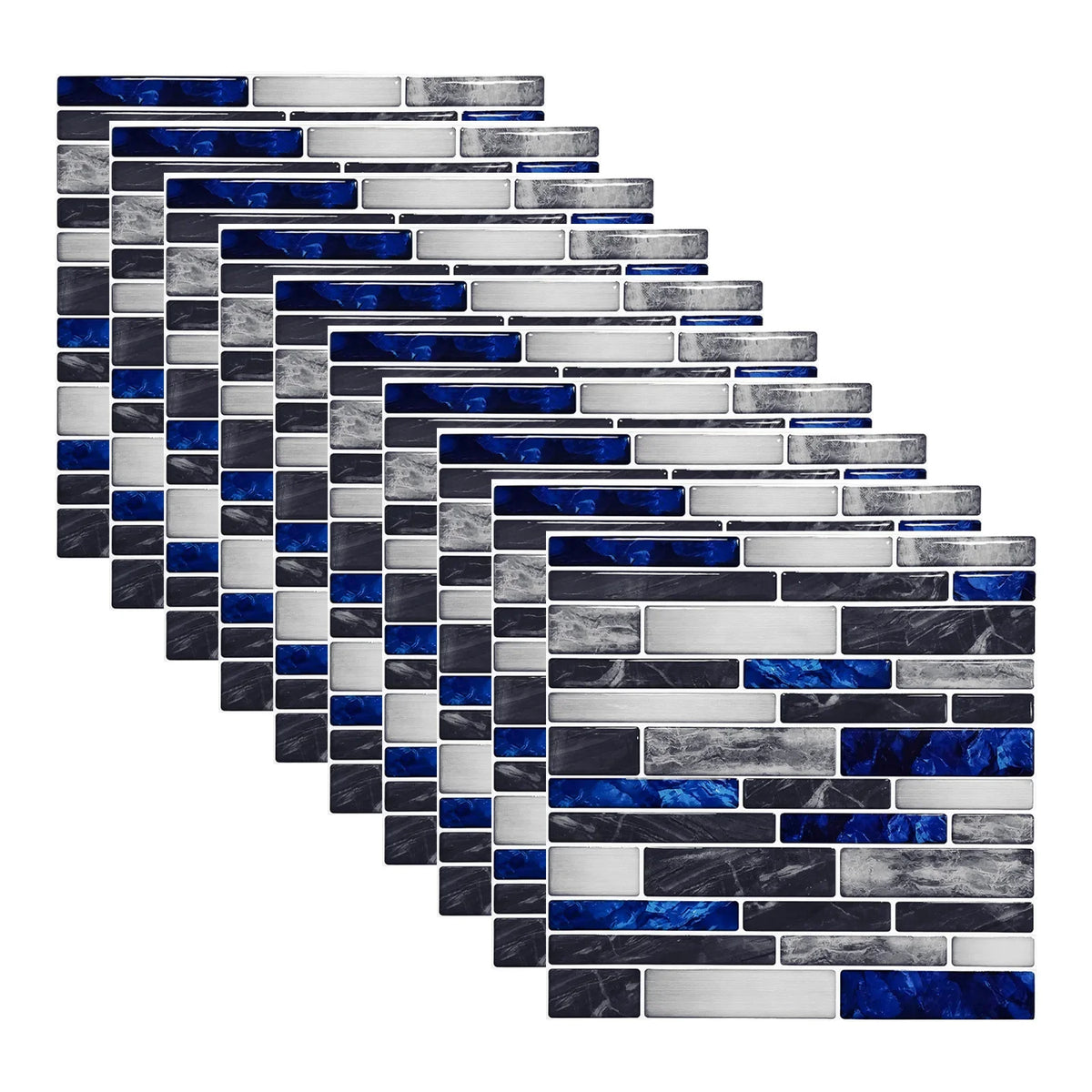 Self-adhesive 3D brick tile sticker set, dark and light gray with blue accents