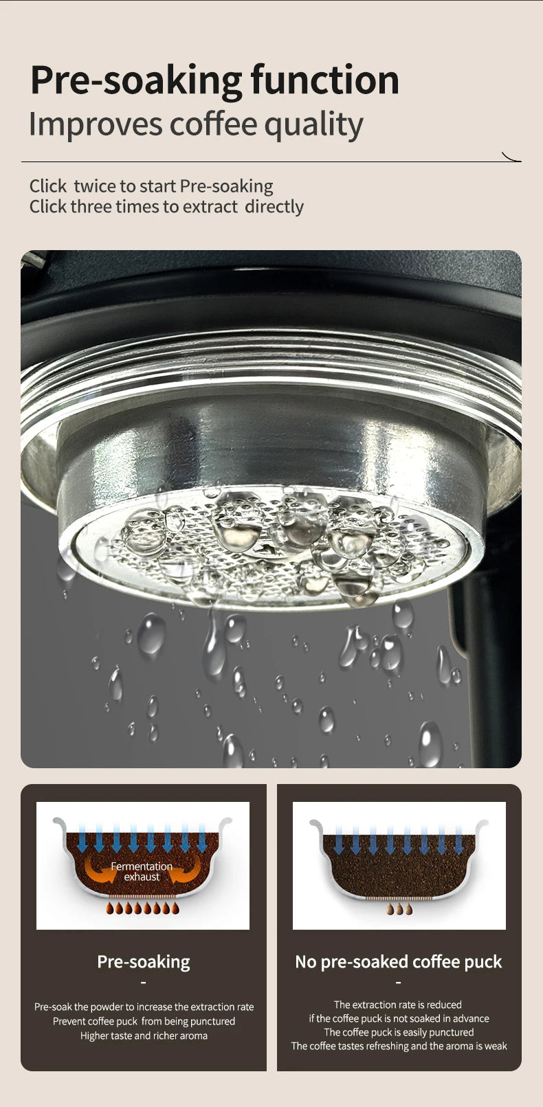 Espresso machine group head with metal shower screen, water dripping, showing pre-soaking function for coffee extraction.