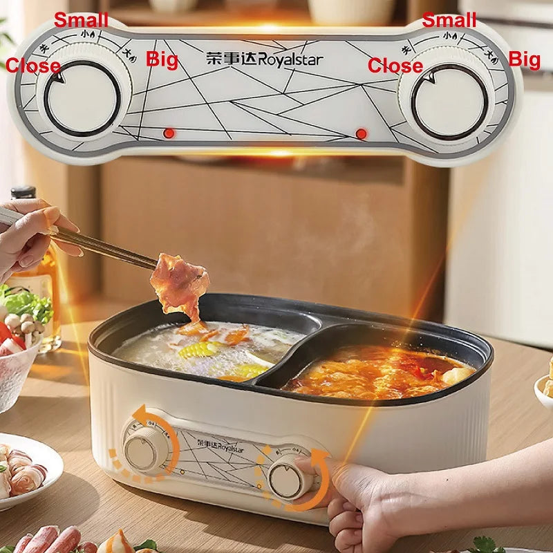 White electric hot pot base with two temperature knobs and lid open while cooking