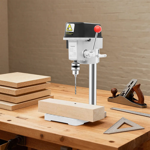 Mini bench drill press with black head and red start knob, for DIY woodworking
