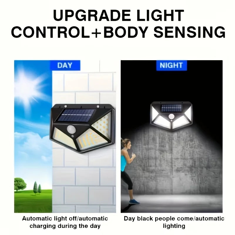 6/4 Pack 100 LED Solar Wall Lights, IP44, Solar Powered with 6-8 Hours Battery Life, Built-in Motion Sensor Auto On, 6500K Color Temperature, Ideal for Street, Courtyard, Mall And Parking Lot Lighting, Ideal Gift for Family
