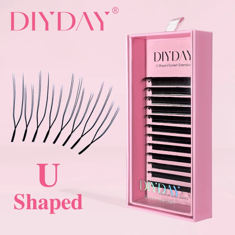 DIYDAY black PBT U-shaped YY eyelash extensions in a pink box, featuring double-layer soft, featherlight fibers.