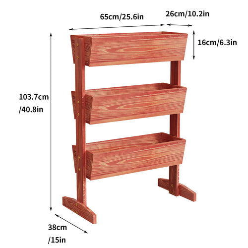 4-tier raised wooden planter box, reddish brown, side view showing frame and tiers