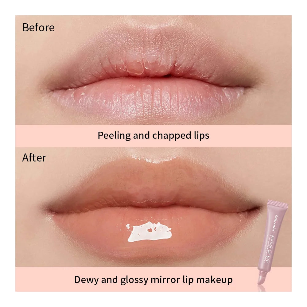 Hydrating nude lip gloss transformation: before chapped lips vs. after high-shine, plumping glass finish mirror effect.