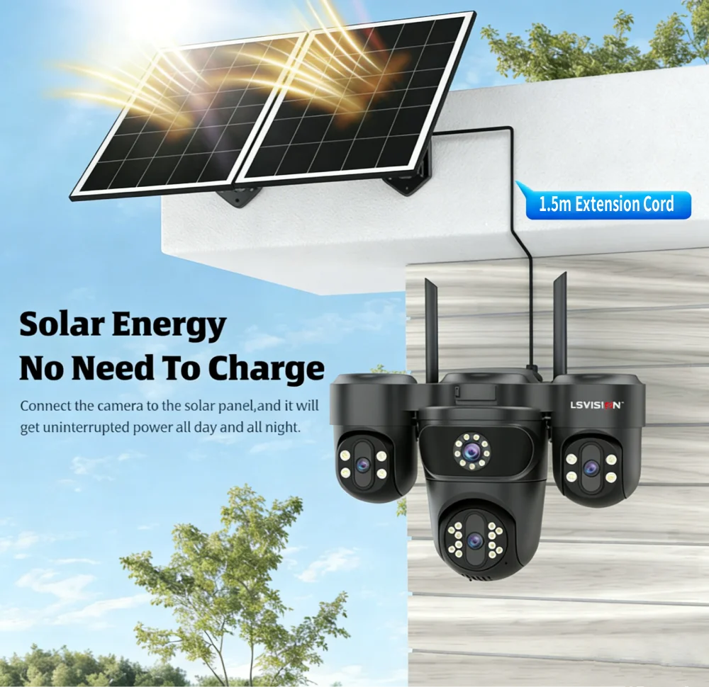 LS VISION 20MP 4 Screen 4G AOV  Solar Camera 12X Zoom 3 PTZ 360° 24/7 Video Recording  AI Humanoid Auto Tracking CCTV IP Camera