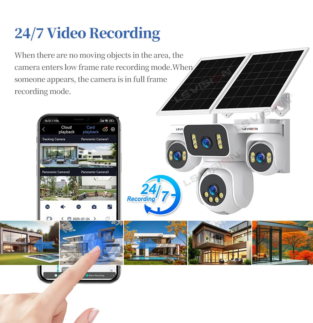 LS VISION 20MP Four Screens Solar Security Camera Outdoor 12X Zoom 4-Lens 4G Sim Ai Tracking Waterproof CCTV 24/7 Recording AOV