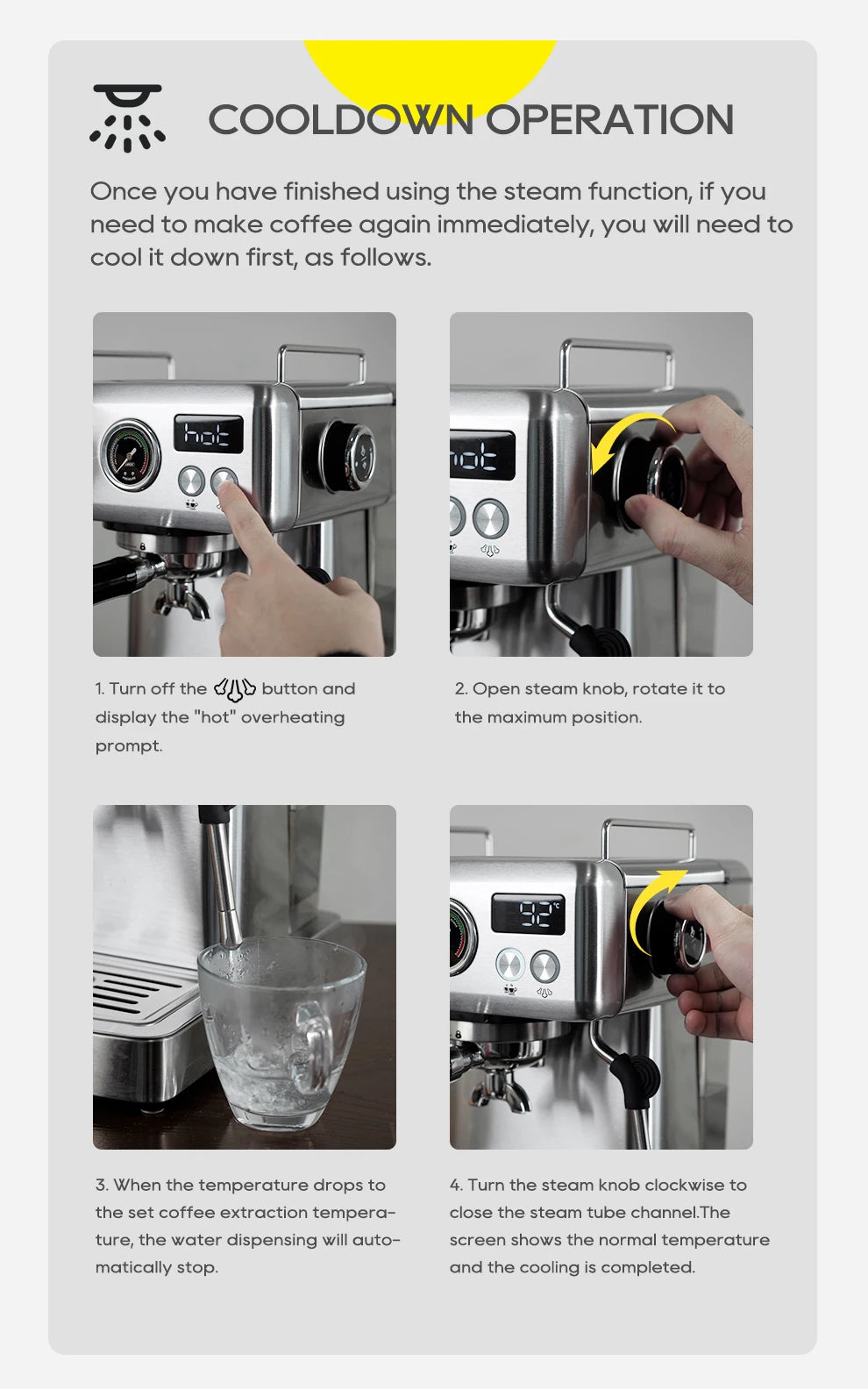 Stainless steel espresso machine cooldown operation steps with steam wand and digital temperature display guide.