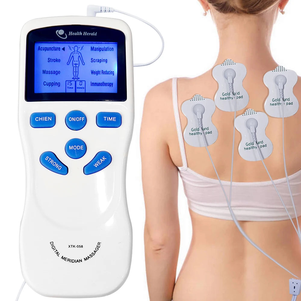 Dual channel TENS EMS pulse massager with digital display, 8 modes, and electrode pads on back for muscle pain relief.