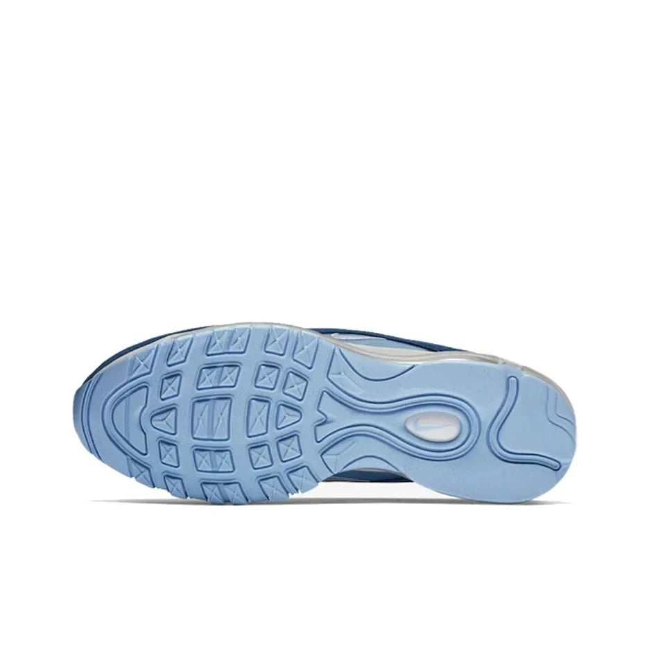 Light blue Nike Air Max 97 sneaker outsole with signature waffle-pattern traction and cushioned Air unit base.