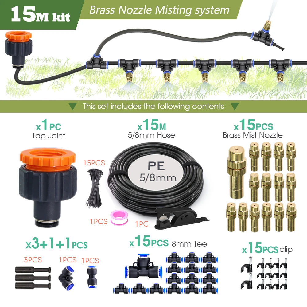 30-5M Outdoor Garden Adjustable Brass Nozzle Atomizer Kit 5/8mm Hose Nebulization Humidification Cool Watering System Lawn Spray