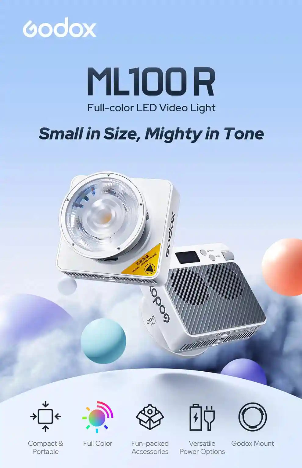 ML100R compact, white square LED video light with a circular lens and rear cooling vents for professional lighting.