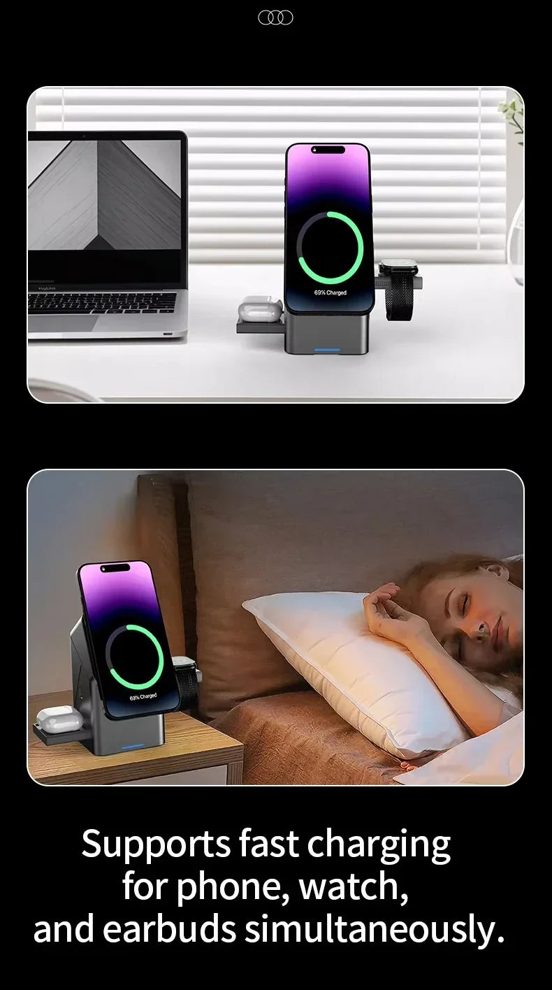 3-in-1 Fast Wireless Charger for iPhone, Apple Watch & AirPods - Grey Tidesmit