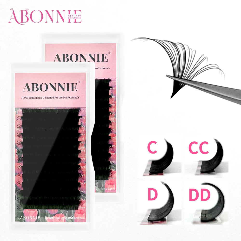 Abonnie black cashmere easy fan eyelash extension trays with tweezers holding a volume fan and curl type chart.