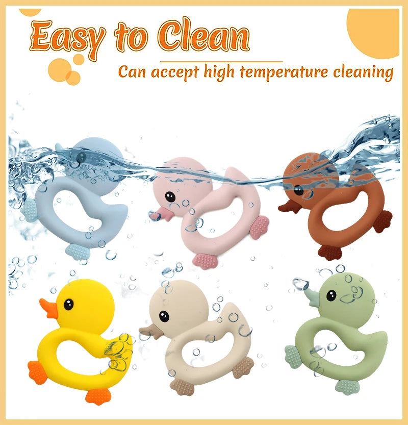 2025 Baby Duck Shape Teether Cartoon Swimming Duck Silicone Teether Baby Toy Teething Accessories