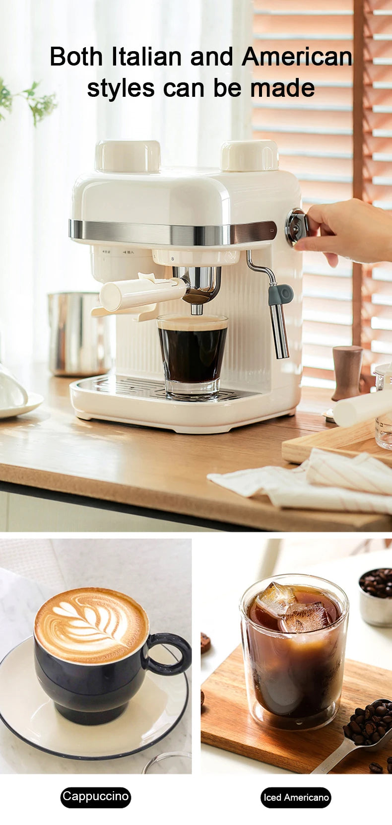 Cream white Italian-style espresso machine with steam wand brewing fresh coffee for cappuccino or iced americano.