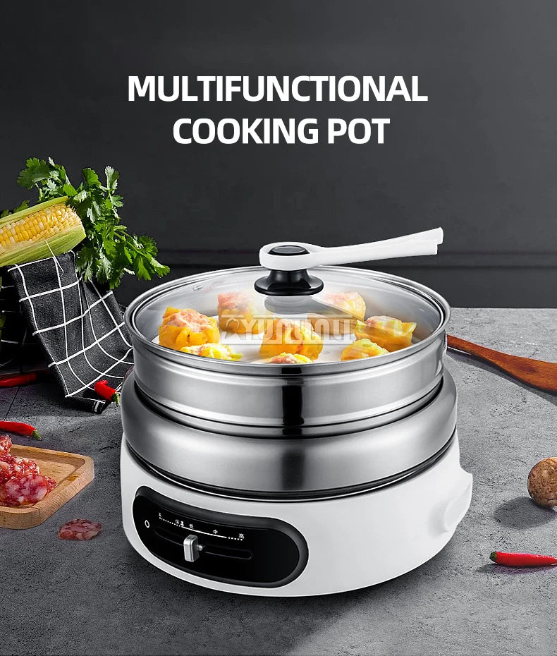 Portable electric multi-cooker with stacked steamer rings and clear glass lid