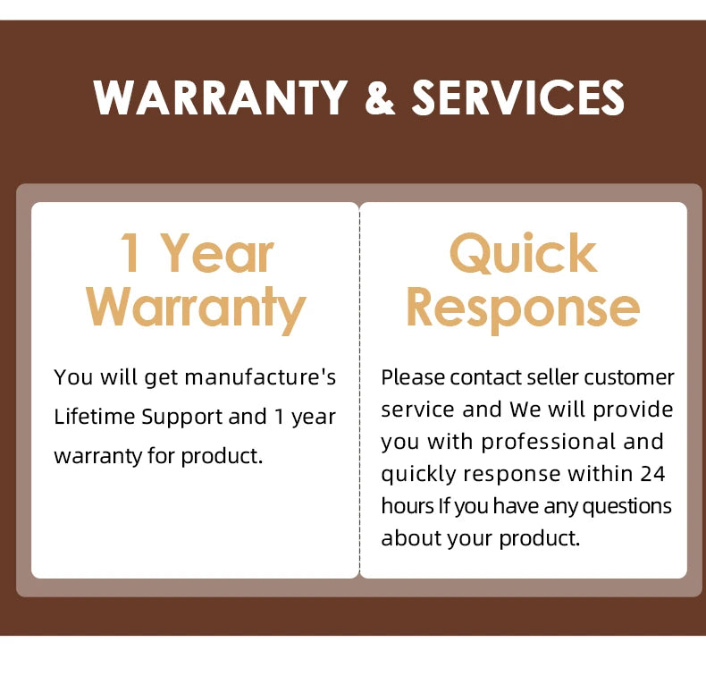 Coffee maker warranty and customer service information graphic: 1-year product warranty and 24-hour support guarantee.