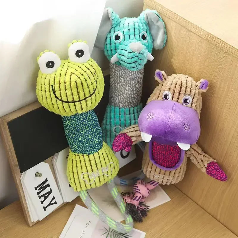 Cute plush animal dog toys with rope tails for interactive play and teeth cleaning. Durable squeaky chew toys for pets.