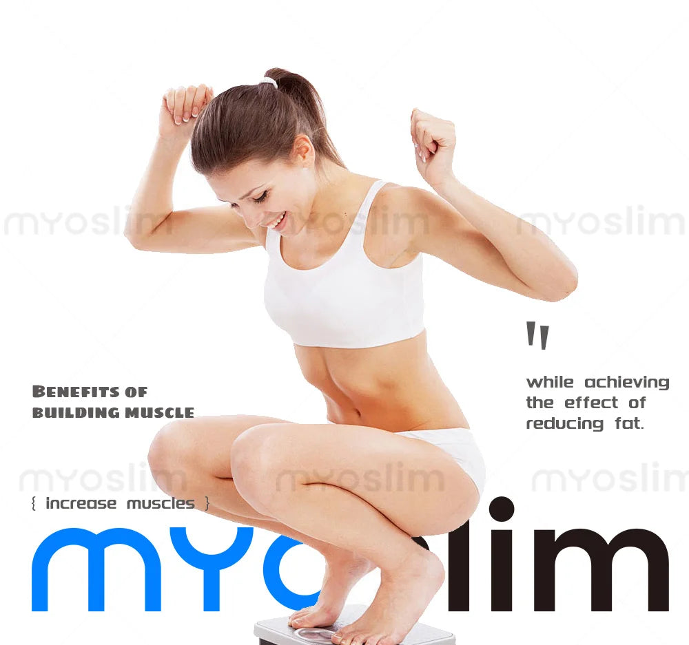 Woman squatting on scale, promoting Myoslim EMS body sculpt machine for fat burning and muscle building.
