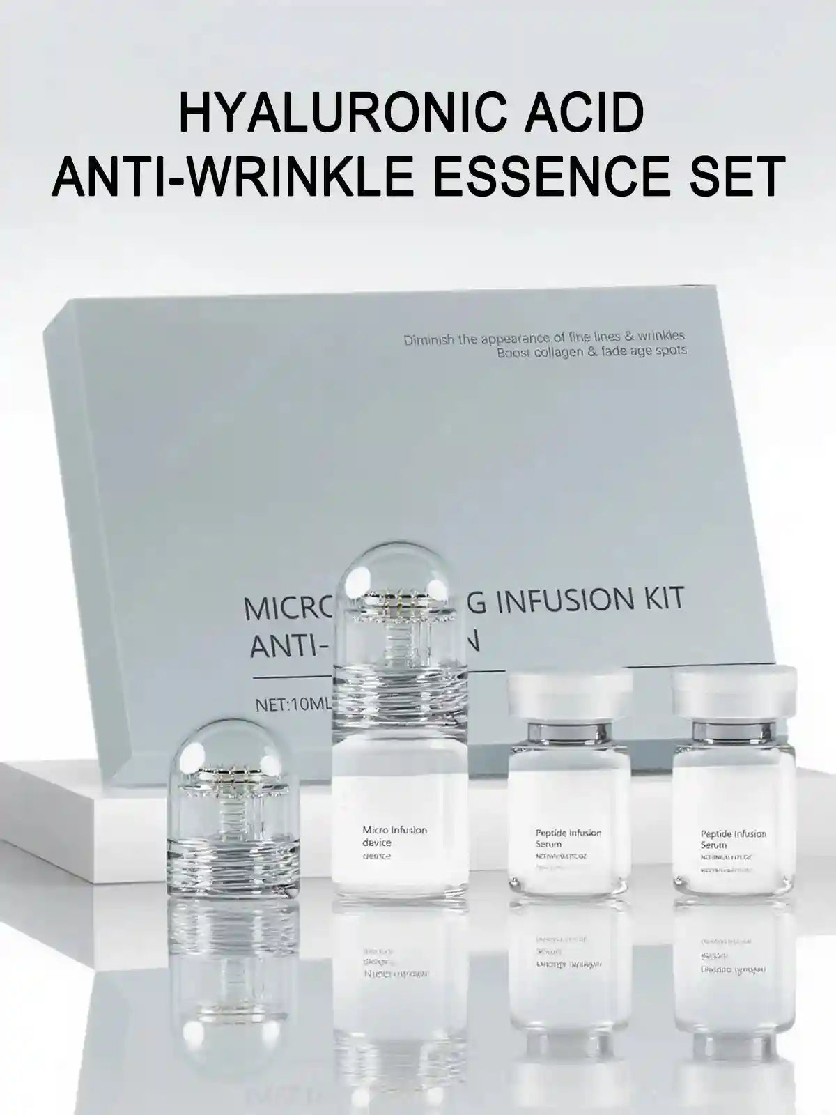 Hyaluronic acid skincare set featuring a micro-infusion device and two small glass serum vials in a grey box.