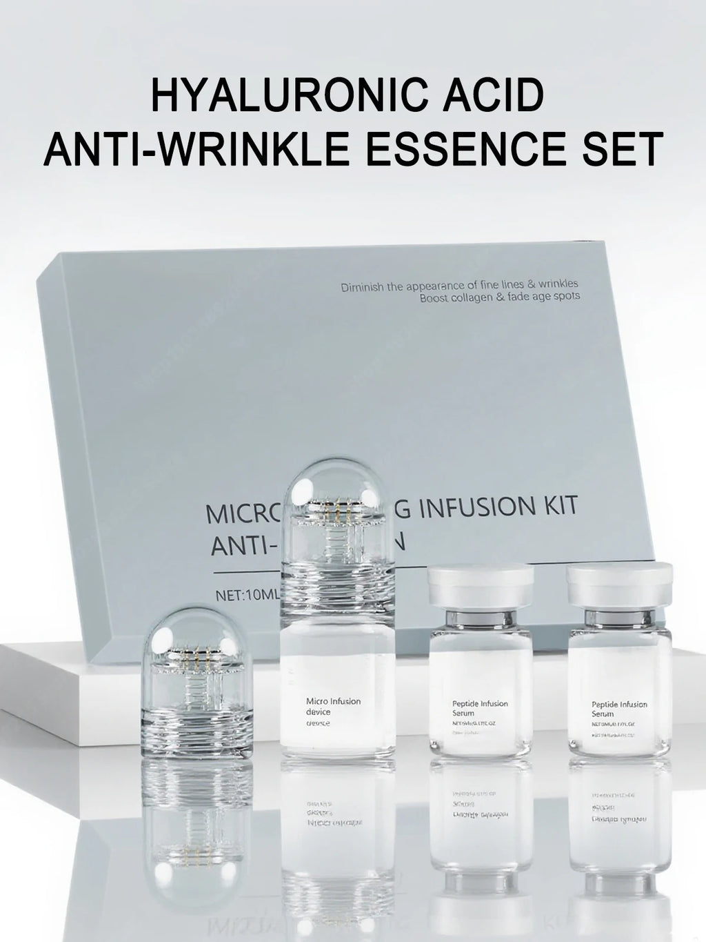 Hyaluronic Acid Anti-wrinkle Essence set featuring a micro-infusion device and two peptide serum vials in a grey box.