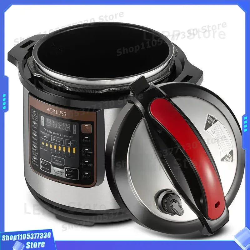 Electric pressure cooker with lid open, black inner pot, and red latch handle