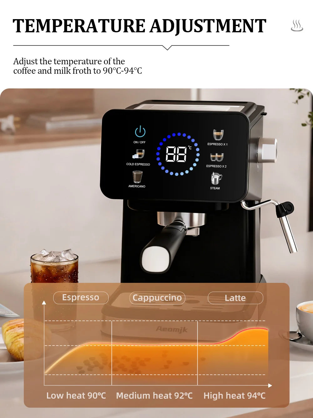Aeomjk black espresso machine with digital touch display, temperature adjustment settings, and built-in milk frother.