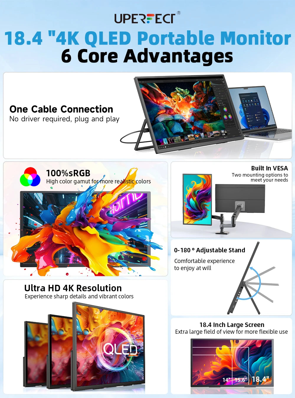 UPERFECT 18.4"4K QLED Portable Gaming Monitor Display 3840*2160 HDR USB C HDMI For PS5/4 Switch Laptop PC Mac Xbox Extend Screen