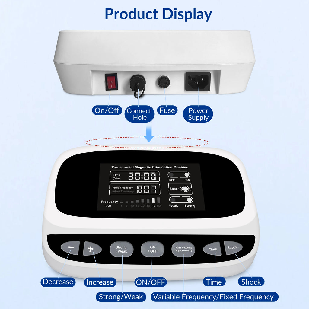 Frovab white rTMS brain stimulation machine showing rear ports and digital control panel for Parkinson's rehabilitation.