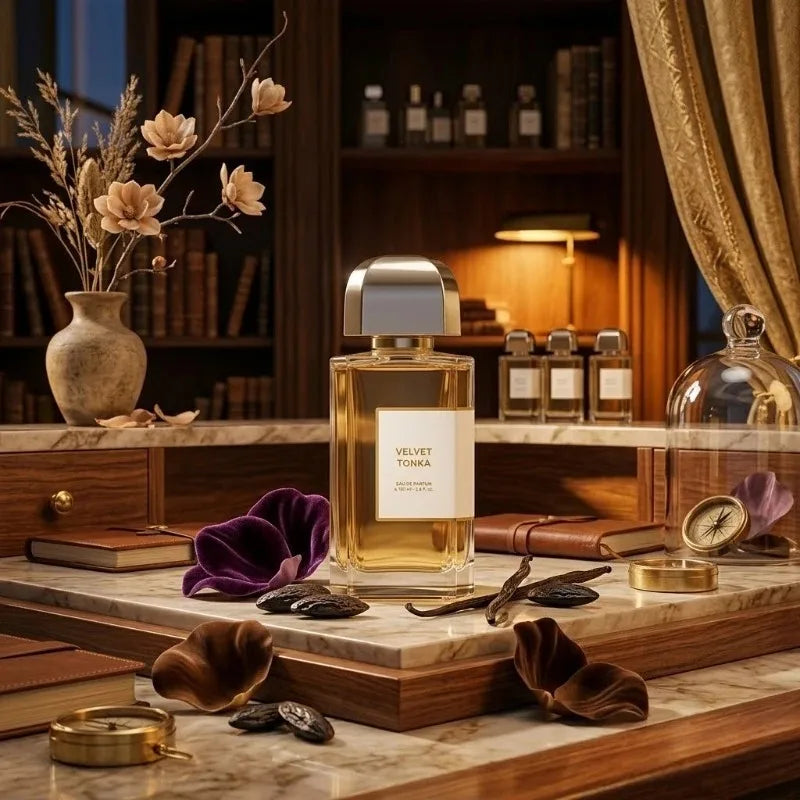 Velvet Tonka 100ml EDP: Luxurious unisex fragrance with tonka bean notes in a sophisticated glass bottle, long-lasting.