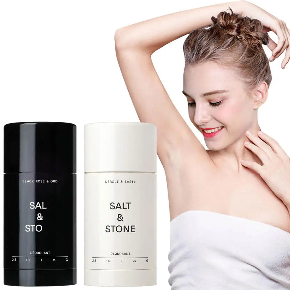 SALT & STONE natural plant-based unisex deodorant stick with Black Rose, Oud, Neroli, and Basil for odor control.
