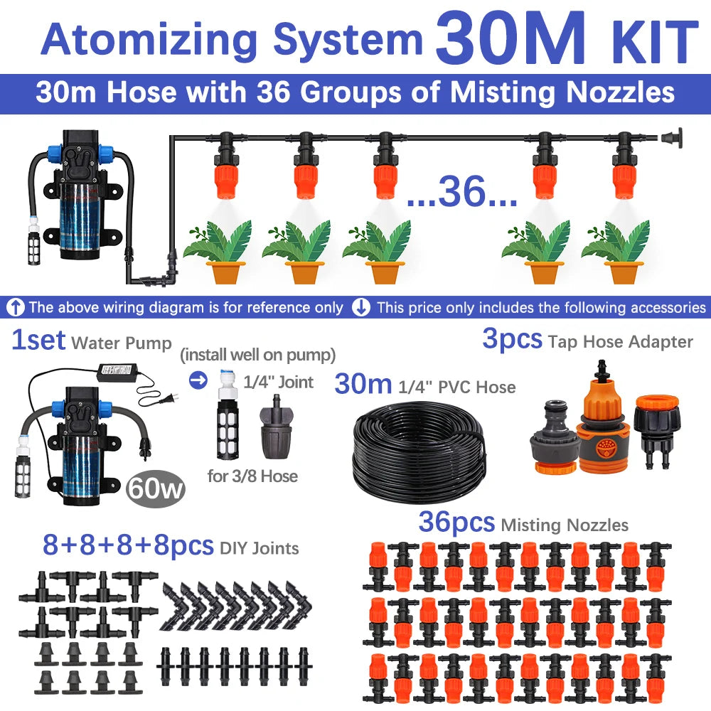 30-5M 60W Self-priming Pump with Timer Misting Cooling System Adjustable 0-25L/H Atomization Sprayer Garden Irrigation Watering