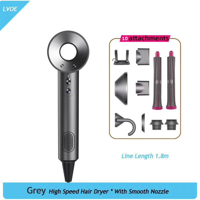 Grey 1600W high-speed ionic hair dryer with 10 styling attachments for professional salon results at home.