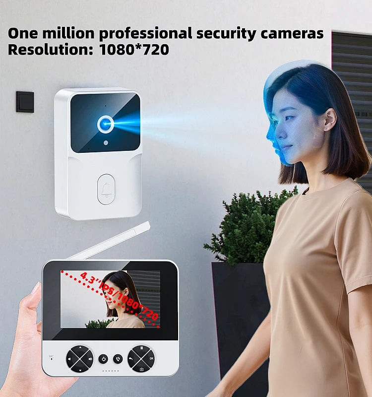 4.3 "Upgraded two-way wake-up infrared night vision video doorbell can be installed with indoor and outdoor electronic doorbells