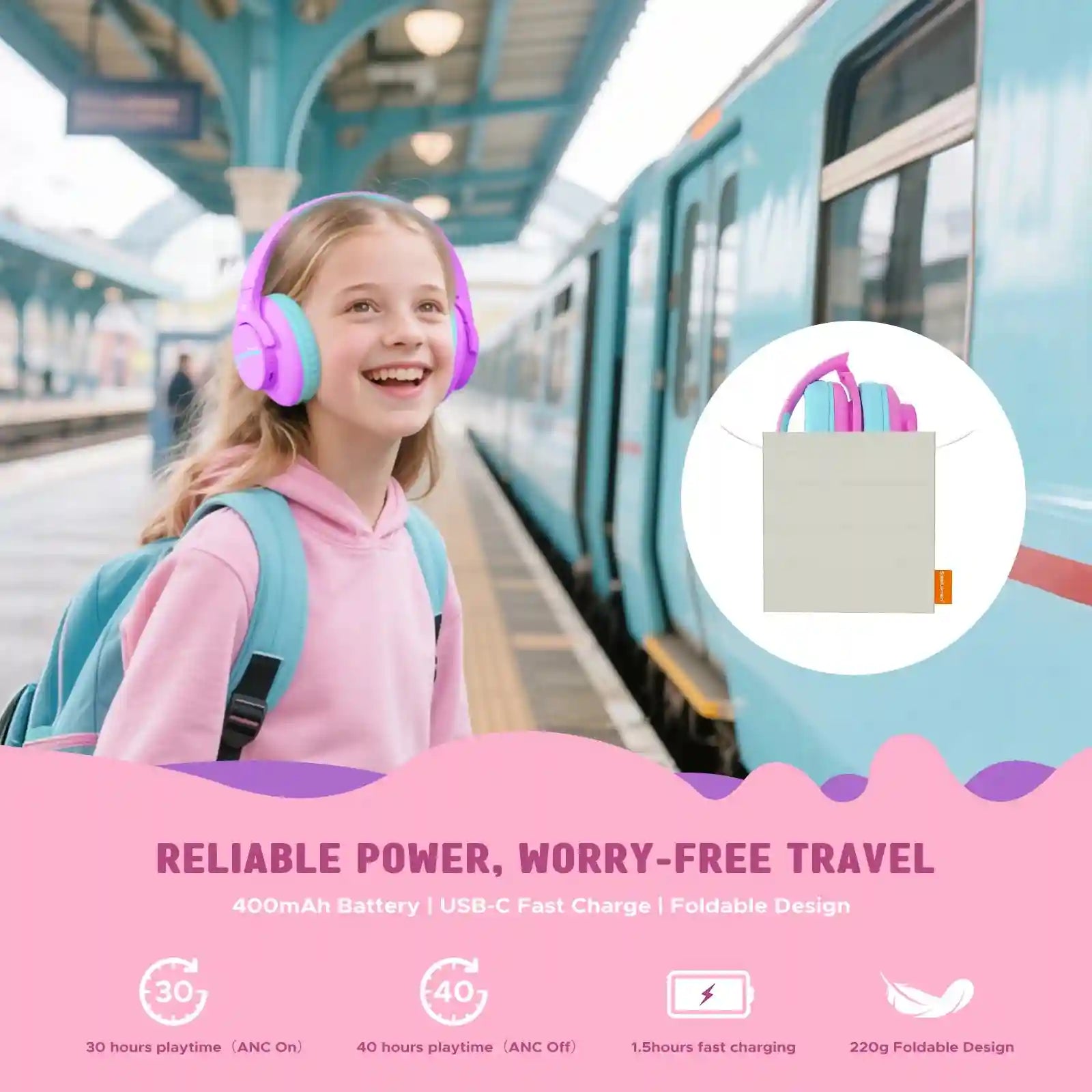 Kids Wireless Headphones with Active Noise Cancellation - Safe Audio Tidesmit