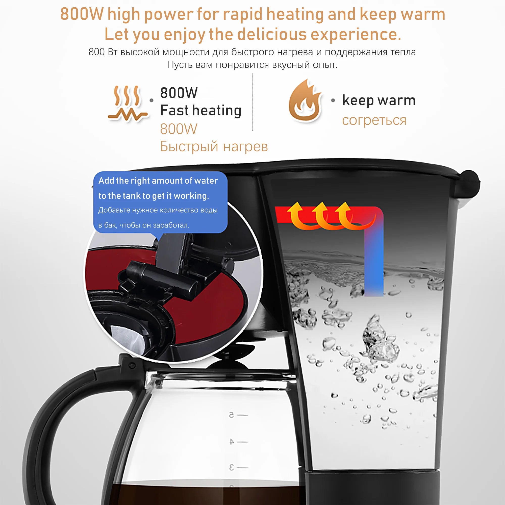 800W black drip coffee maker with glass carafe, featuring rapid heating and keep-warm functions for home brewing.