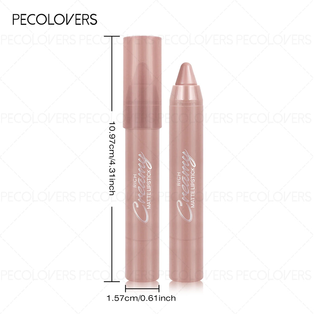 Soft matte lip crayon pencil in a nude shade, creamy texture, moisturizing lipstick pen for everyday lip makeup.