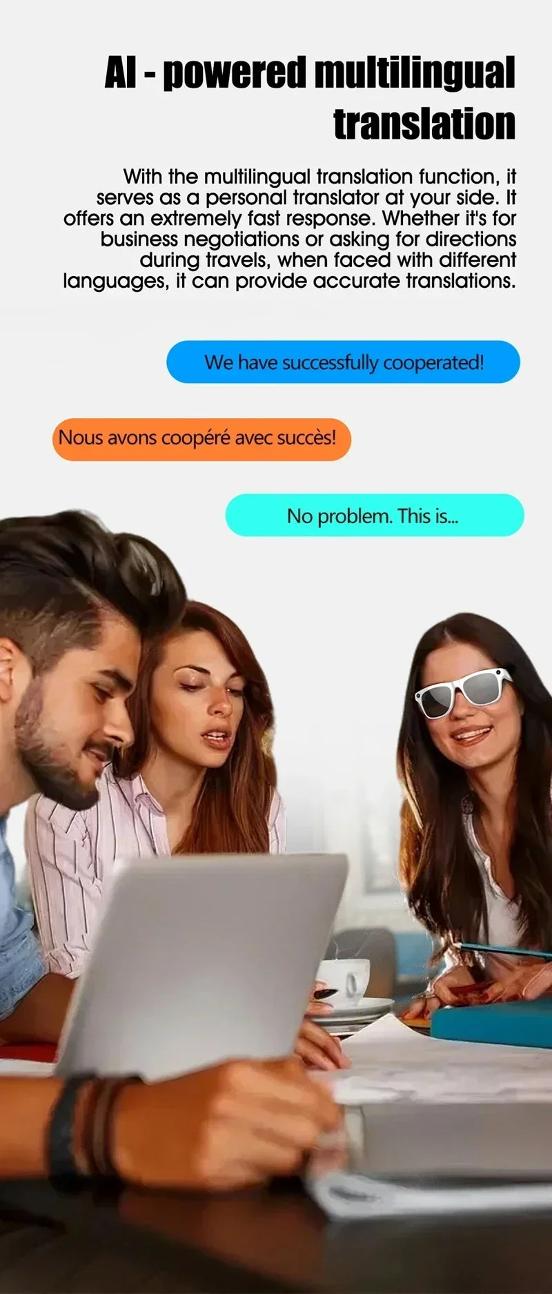 Woman wearing white-rimmed AI translation smart glasses during a business meeting, showing translated speech bubbles.