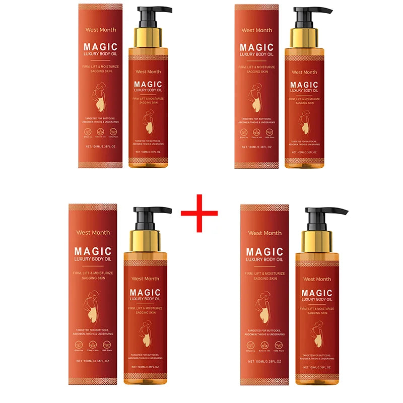 Set of luxury body oil pump bottles with matching cartons shown with plus sign