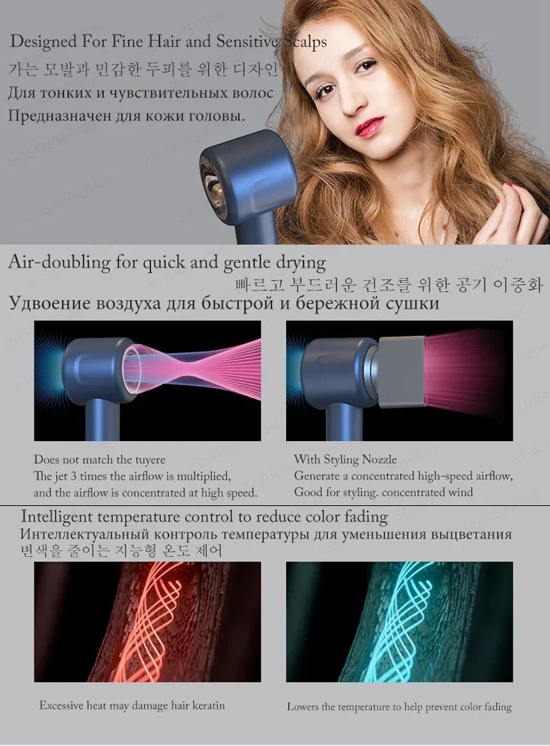 Blue 1600W leafless negative ion hair dryer with styling nozzle for fast, gentle, heat-controlled professional styling.