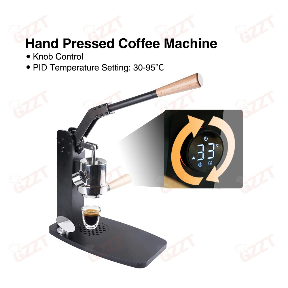 GZZT black manual lever espresso machine with wood handle, PID temperature control, and digital display interface.