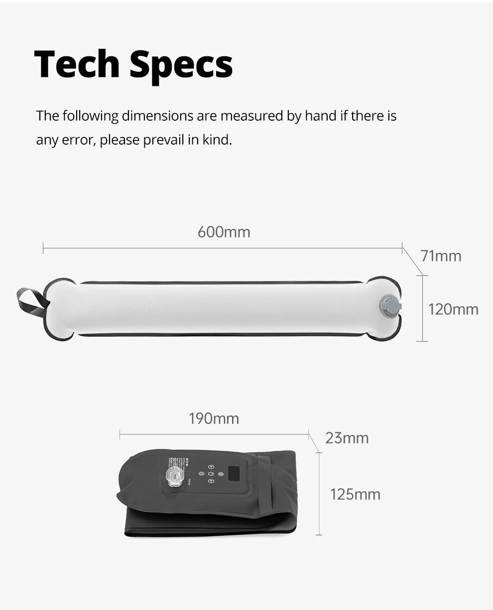 White inflatable tube and black control unit with dimensions for camping pump equipment.